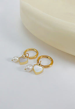 Pearlie Heart Pendant with Mother of Pearl Inlay and Pearl Charm Huggie Hoop Earrings