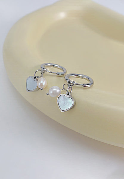 Pearlie Heart Pendant with Mother of Pearl Inlay and Pearl Charm Huggie Hoop Earrings