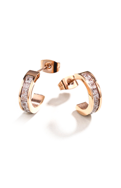 Baily White Zirconia C Hoop Stud Earrings in Rose Gold