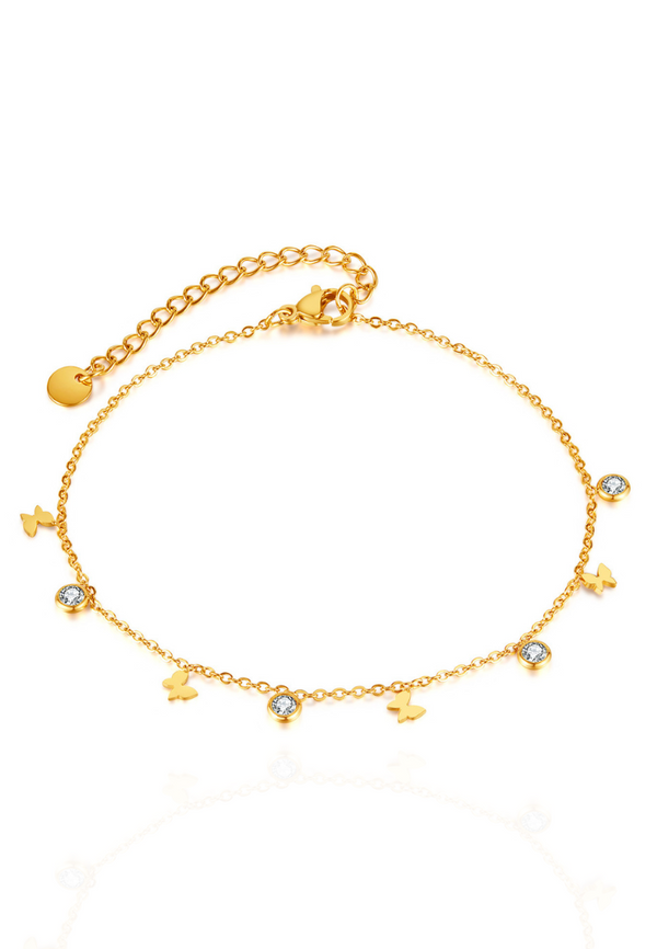 Enchante Butterfly with Cubic Zirconia Pendant Chain Anklet in Gold
