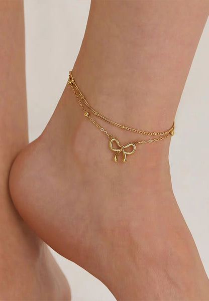 Chloe Ribbon Pendant on Dual Beads Chain Anklet in Gold