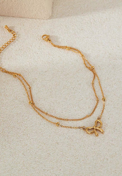 Chloe Ribbon Pendant on Dual Beads Chain Anklet in Gold