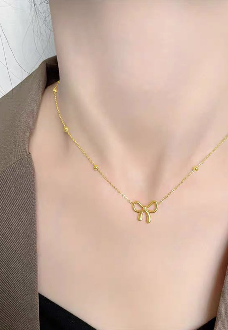 Chloe Ribbon Pendant on Beads Chain Necklace in Gold