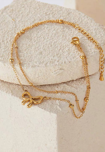 Chloe Ribbon Pendant on Dual Beads Chain Anklet in Gold