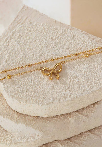 Chloe Ribbon Pendant on Dual Beads Chain Anklet in Gold