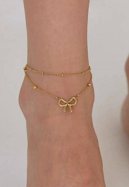 Chloe Ribbon Pendant on Dual Beads Chain Anklet in Gold