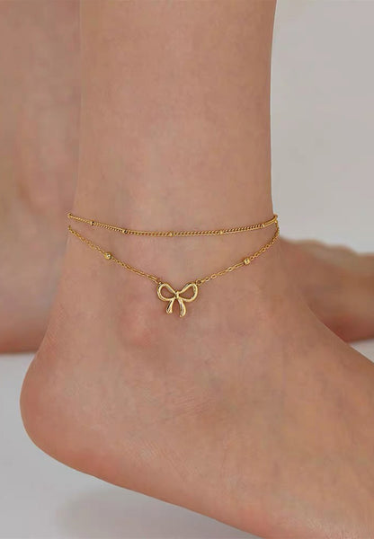 Chloe Ribbon Pendant on Dual Beads Chain Anklet in Gold