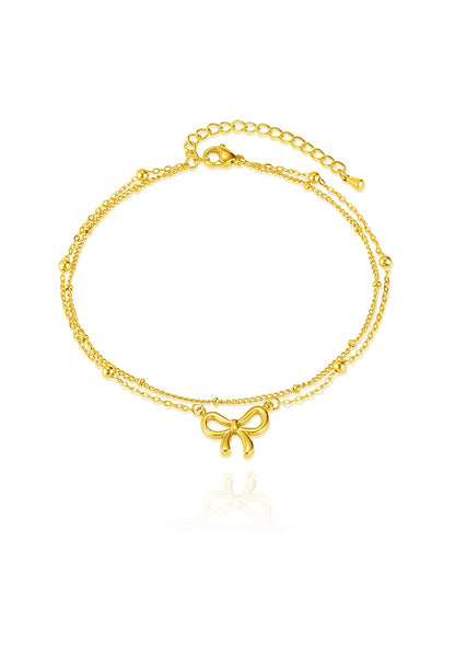 Chloe Ribbon Pendant on Dual Beads Chain Anklet in Gold