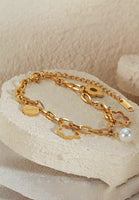 Rhea Flower and Pearl Charms Chain Bracelet in Gold