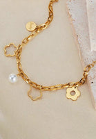 Rhea Flower and Pearl Charms Chain Bracelet in Gold