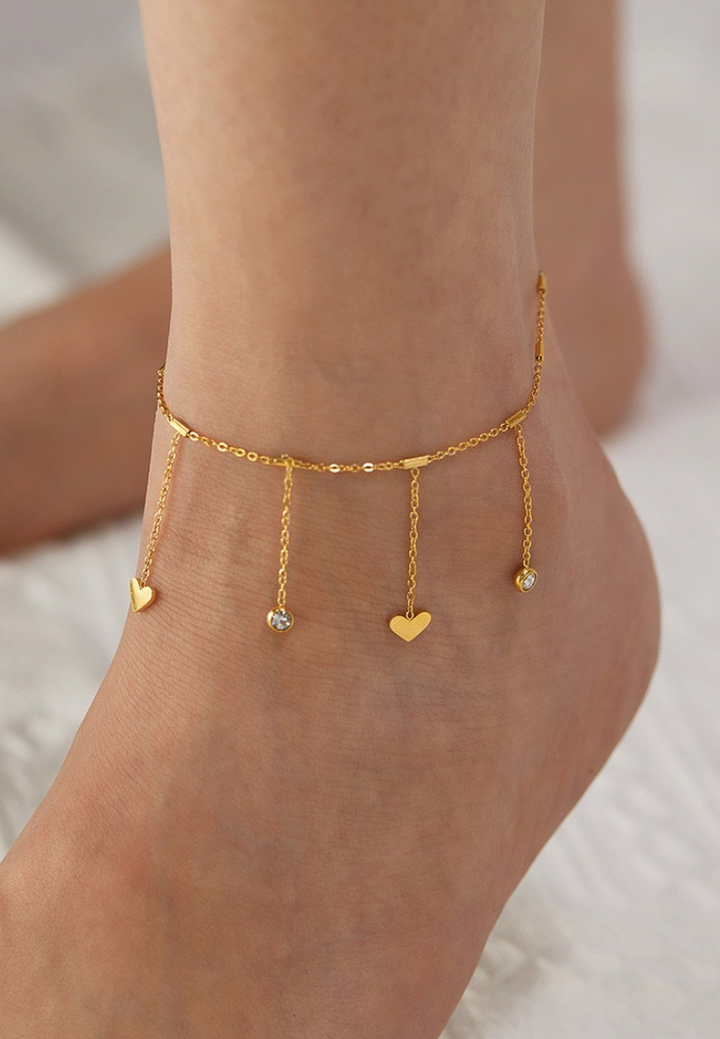 Molly Love Heart & Cubic Zirconia Pendant Chain Anklet in Gold