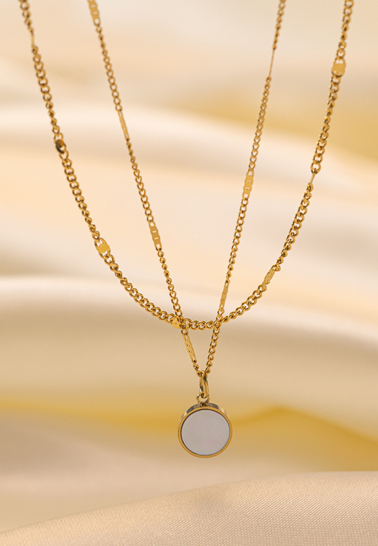 Madeline Double Side Pendant with White Mother Pearl and Black Ceramic Inlay in Multi-Layer Gold Chain Necklace