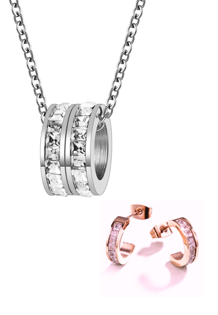 Eloise Zirconia Twin Rings Necklace with Baily White Earrings Set