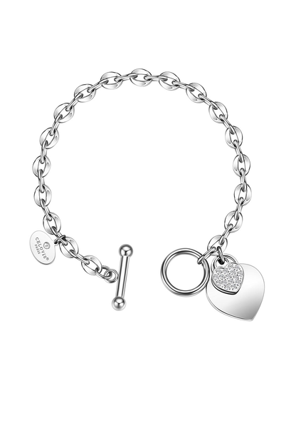 La Devotion CZ Heart Tag Pendant Toggle Clasp Bracelet