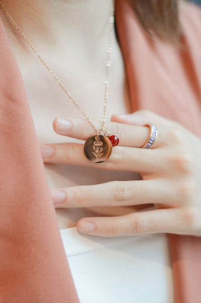 Celovis Jewellery  January Birth Month with Carnation Flower and Red Birthstone Chain Necklace