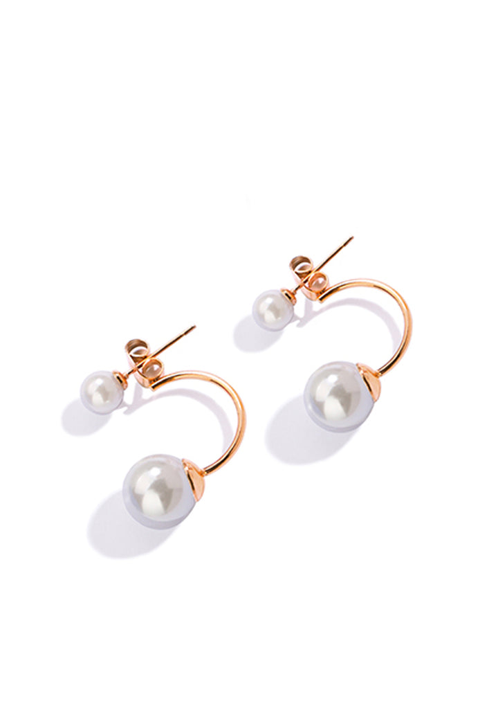 Medo Floating Double White Pearl in Half C Rose Gold Link Stud Earrings